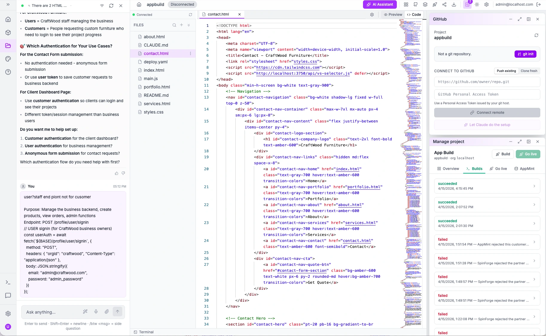 Vibe Studio with the agent conversation on the left, the project file tree, and a page open in the code editor