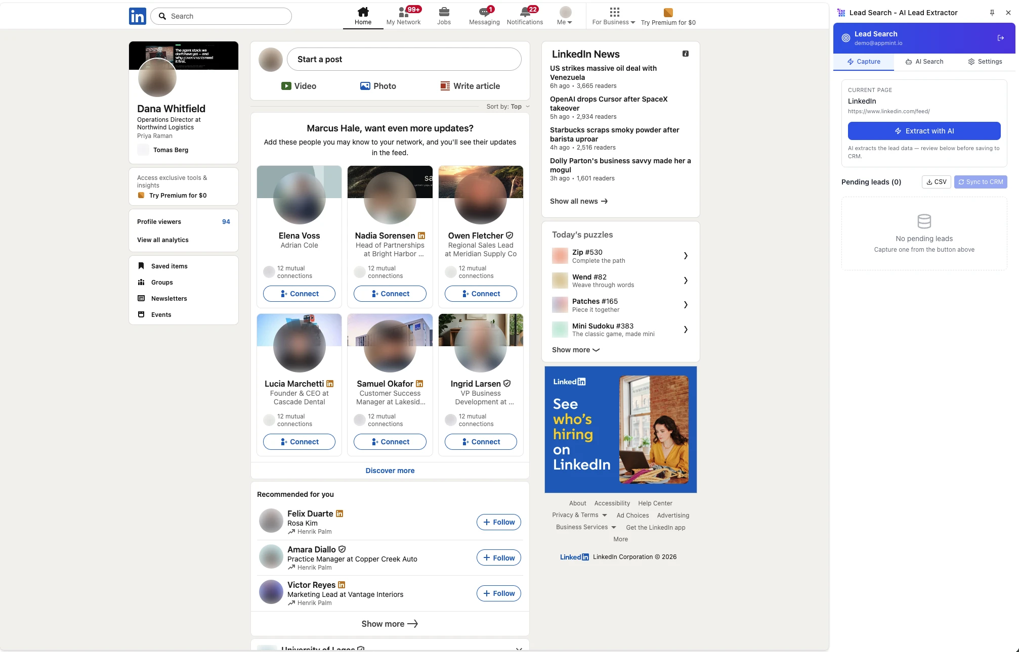 A LinkedIn feed with the Lead Search panel docked on the right, naming the current page and offering Extract with AI